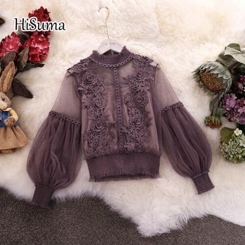 2021 Spring new women O - neck lantern sleeve flower lace with mesh blouses female vintage elegant shirts women‘s lace shirt ops