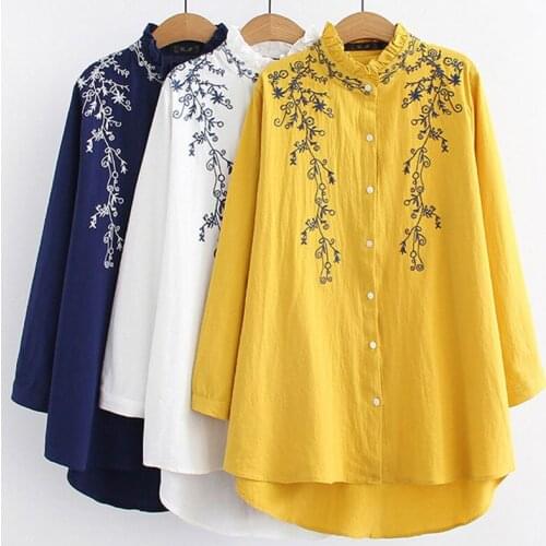 New Arrival Autumn Women Long Sleeve Loose Shirts Vintage Embroidery Cotton Linen Stand Collar White Blouse Plus Size Tops D442