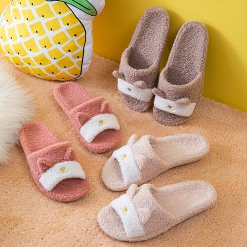 Indoor Ladies Furry Slippers 2021 Winter New Cartoon Fox House Fur Slippers for Women Bedroom Warm Flock Plush Couples Shoes