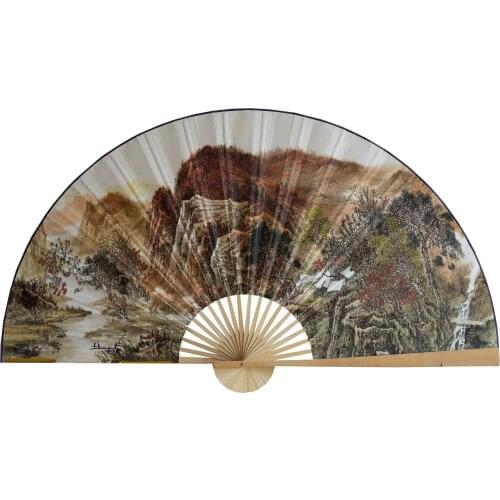 Large Folding Paper Fan Chinese Style Crafts Banboo Frame Background Decorative Fan Hanging Mountain Landscape