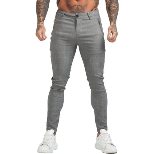 GINGTTO Men Chinos Trousers Skinny Super Stretch Chino Pants Slim Fit Mens Casual Pant Plaid Elastic Waist London Fashion zm3134