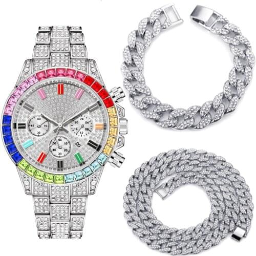 Choker Necklace Bracelet Watch Hip Hop Miami Cuban Link Chain Chork Gold Watch for Men Iced Out Watches Paved Rapper Men Jewelry