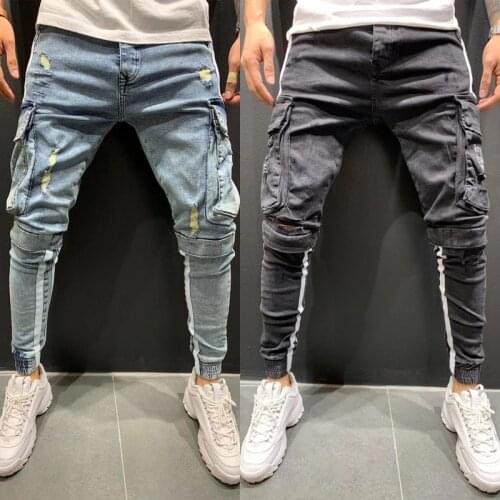 Black Ripped Jeans Men Fashion Stretch Destroyed Cargo Pants Men Casual Letter Print Pocket Distressed High Waist Jeans Pantalon