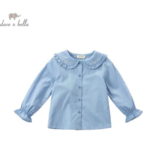 DKY17164 dave bella 5Y-13Y spring baby girls long sleeve shirts children floral embroidery shirt kids boutique clothing