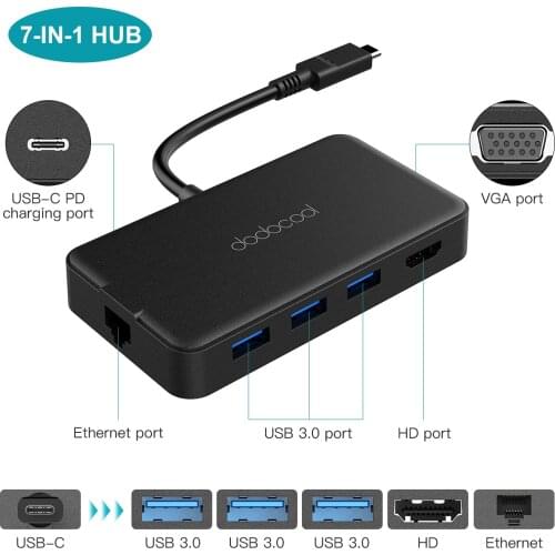 Dodocool 7-in-1 USB C Hub multiport 4K Video HD/VGA USB 3.0 Ports pc laptop USB C hub for MacBook Pro USBC hub For your laptops