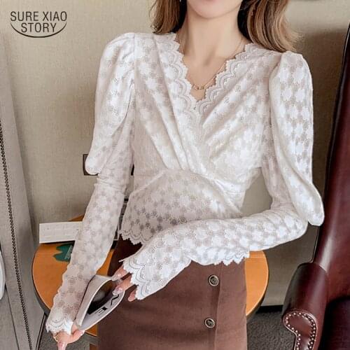 Elegant Solid Slim Puff Sleeve Top Autumn Crochet Flower Hollow Lace V-neck Blouse Gentle Knit Stitching Cross White Shirt 17209
