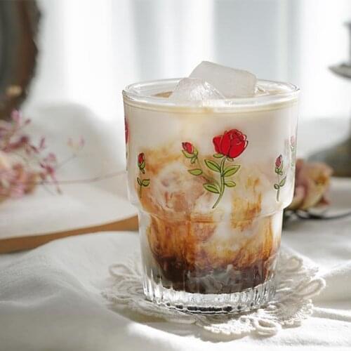 French Romantic Rose Glass Cup Flower Tulip Retro Glass Cup Water Juice Creative Verres Pour Boire Kitchen Dining Bar EB5BLB