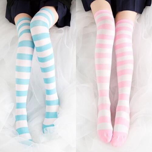 Japanese Style Cute Harajuku Striped Stockings over the Knee Socks Blue and White Color Matching Calf Socks Knee Socks Hold-Ups