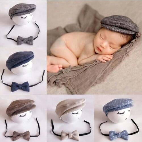 Newborn Photography Props Hats Baby Beanie Hat+Bow Tie Set Studio Baby Photo Props Baby Boy Photography Accessories Infant Cap