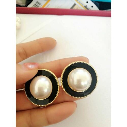 Round Pearl Black Enamel Cute Fashion Clip Earrings Statement Ear Jewelry For Women