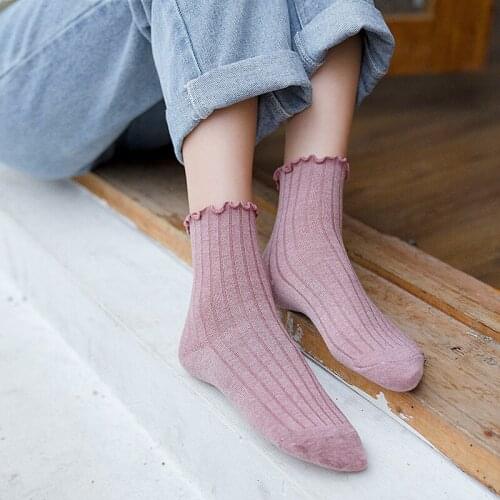 Lace Solid Color Crew Women Socks Cotton Striped Autumn Winter New Breathable Comfortable Deodorant Fashion Sports Socks Women