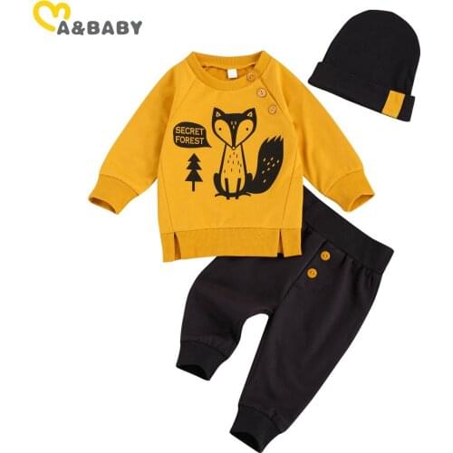 Ma&Baby 0-24M Spring Autumn Newborn Infant Baby Boy Clothes Set Cartoon Fox Long Sleeve Top Pants Hat Outfits Costumes