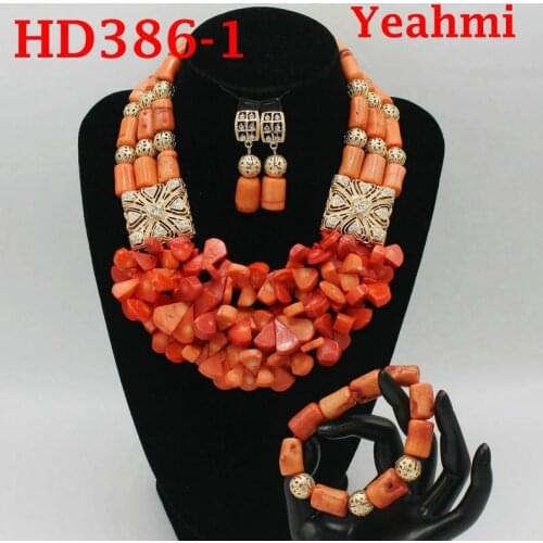 Fashion Jewelry Set African Coral Beads Exclusive Real Coral Pendant Bridal Necklace Set Copper Gold Accessory Free Ship HD386-1