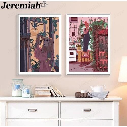 Cartoon Girl Canvas Painting Abstract Character Plant Purple Poster Picture Print Wall Art Modern Home Room Decoration