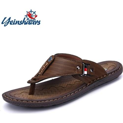 YEINSHAARS Brand PU Leather Summer Men Slippers Beach Sandals Comfort Men Casual Shoes Fashion Men Flip Flops Plus Size 38-46