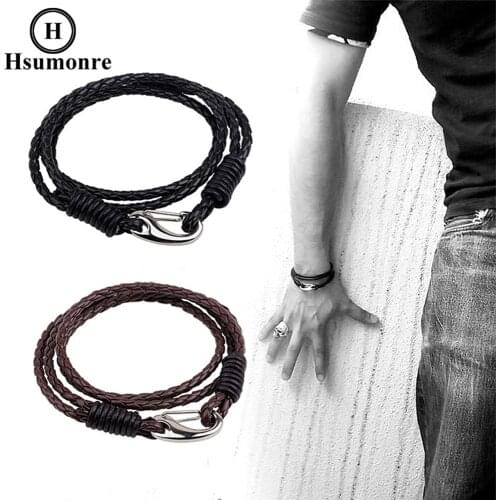 Layered Ropes Wrap Bracelet for Men Handmade Retro Long Snake Pattern Brown Leather Wristband Strentch Bracelet Streetwear Black