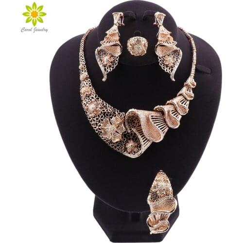 New Indian Jewelry Sets Gold Color Bridal Wedding Crystal Dubai Jewelry Sets for Women Necklace Earrings Bracelet Ring Set