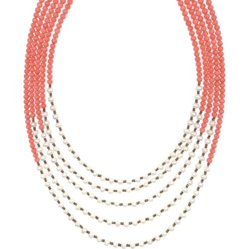 5 Strands 5mm Pink Coral Freshwater White Pearls Necklace Gradual Lengths Trendy Jewelry For Women Girls Gifts 22 Inch