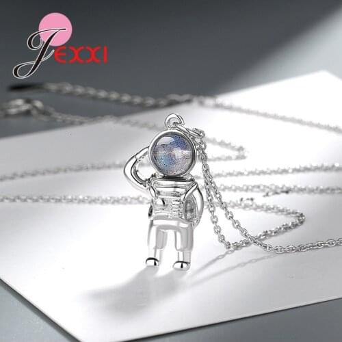 Fashion Space Planet Astronaut Necklace 925 Sterling Silver Metal Crystal Necklace Men Women Daily Decoration Jewelry
