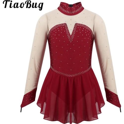 TiaoBug Kids Sparkly Rhinestones Long Sleeves Figure Skating Dress Girls Ballet Gymnastics Leotard Stage Performance Dance Wear
