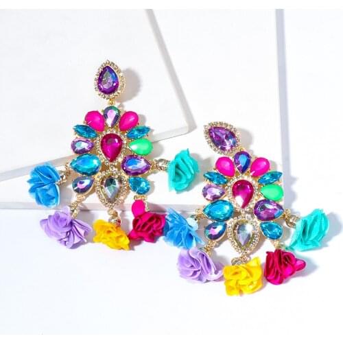 New Boho Rhinestones Drop Dangle Earrings Crystal Flower Tassel Earing Statement Earrings For Women Jewelry Accessories Gifts