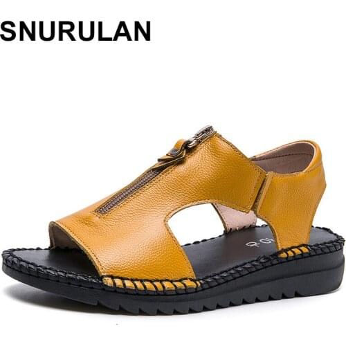 SNURULAN Women Summer Sandals Genuine Leather Ladies Shoe Sandals Women Flat Heels Women Shoes