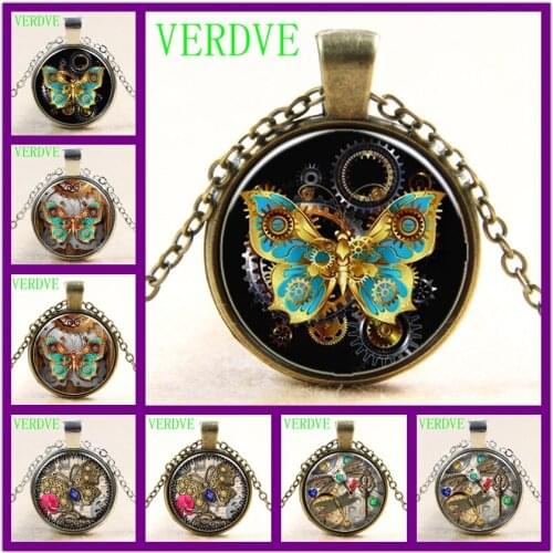 VERDVE Glass Photo Cabochon Necklace Steampunk Clock Necklace Glass Dome Pendant Handcrafted Jewelry Butterfly Pattern