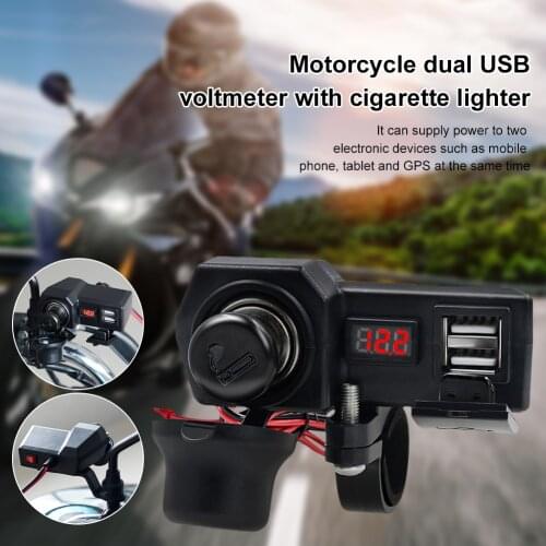 Motorcycle USB Charger 3.4A Dual USB 10-24V Waterproof with Voltmeter Cigarette Lighter ON/OFF Switch for Motorcycle E-bike
