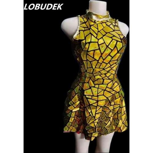 Mirrors Dance Costume Gold Laser Sequins Short Dress Women Singer Dancer Bar Club Stage Wear Birthday Prom Performance Clothes