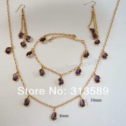 YELLOW GOLD GP OVERLAY PURPLE CZ STONE NECKLACE BRACELET EARRING CHARM SET/GREAT GIFT/GREAT MONEY MAKER