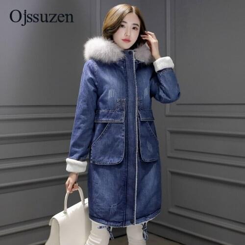Plus Size M-3XL Real Fur Collar Hooded Winter Coat Women Long Sleeve Warm Thicken Denim Jacket Women Jeans Coats Natural Fur