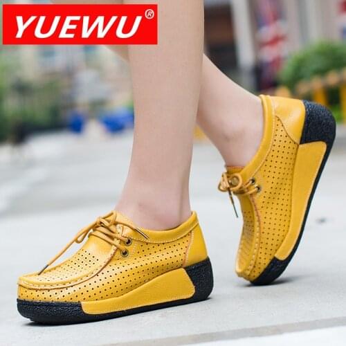 YUEWU Spring And Summer Hollow Out Genuine Leather Rocking Women’s Shoes Office Ventilation Thick Lace Up Platform Shoes