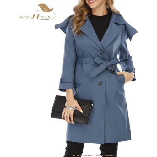 Women England Style Hooded Long Trench Coat with Belt 2021 Autumn Elegant Female Outwear Blue Vintage Coat VD1577