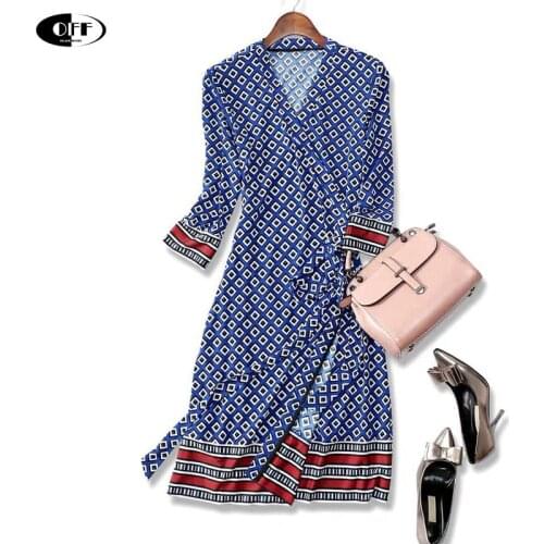 Women summer mini Runway Dress vintage Womens Print V-neck 3/4 Sleeves Slim beach boho Split Bandage Casual Dresses clothes