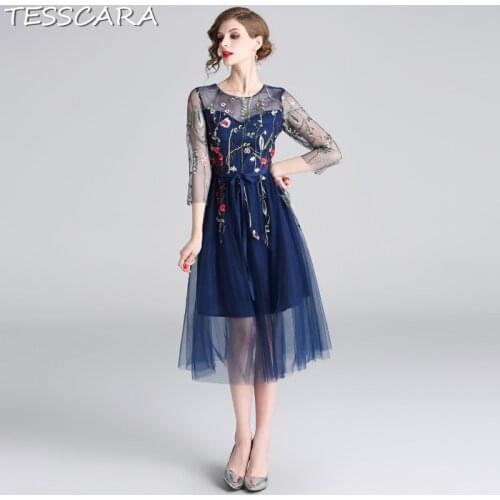 TESSCARA Women Summer Elegant Embroidery Mesh Dress Festa Female High Quality Vintage Designer Vestidos Long Party Robe Femme