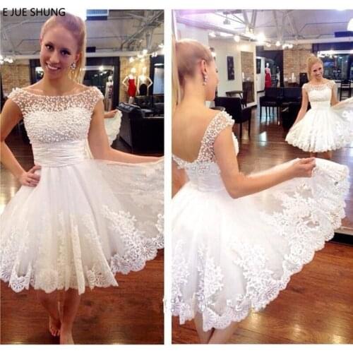 E JUE SHUNG vestidos de novia Lace Appliques Pearls Short Wedding Dresses Lace Up Back Cheap Wedding Gowns robe de mariee
