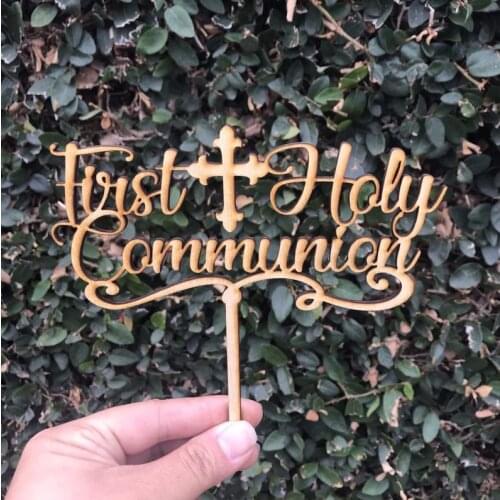 20pcs First Holy Communion God Bless Cross Natural Wood Cake Topper