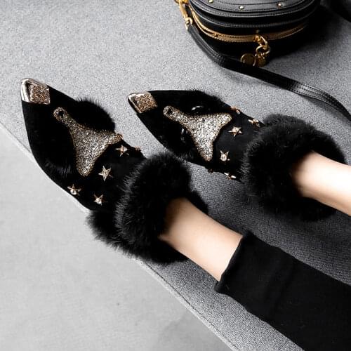 Winter Plush Fox Head Women Boots Pointed Toe Plush High Heels Thick Heel Ankle Boots Fashion Casual Shoes with Diamonds Loafers