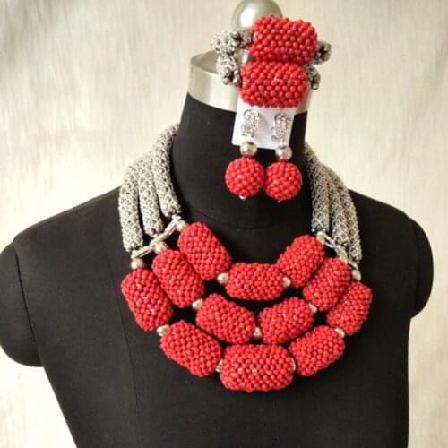 Dudo African Jewelry Set Nigerian Wedding Silver Beaded Coral Color Balls 3 Layers Silver Necklace Accessories Jewellery Set