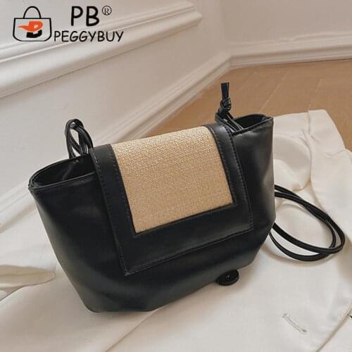 Elegant PU Leather Crossbody Bags Small Ladies Pleated Straw Woven Messenger Bags Single Strap Shoulder Shopping Bags