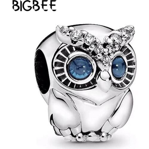 Blue Eyes Owl Beads for Jewelry Making Fit Original Pan Charms Bracelet Women Fine Bead Crystal Bird Pendant DIY Bangle Girls