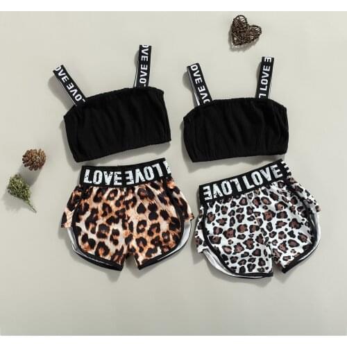 Girls Clothing Sets 2021 Summer Kids Clothes Letter Strap Sleeveless Tank Top+Leopard Print Shorts Children Clothing