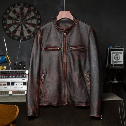Vintage Genuine Leather Jacket Men 100% Natural Cowhide Slim Mens Leather Coat Male Leather Clothing Wholesale Drop Shipping