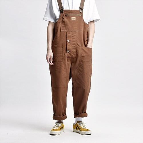 Firmranch Spring/Autumn Men Amekaji Multi-pockets Bib Pants For Men Overalls jumpsuits Loose Casual Suspenders Trousers