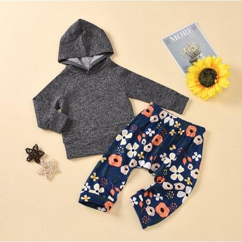 New Fall Winter Baby Girl Outfit 2 Pcs Set Solid Long Sleeve Hoodies Sweater Tops+flower Print Trousers Baby Girl Clothes 0-18M