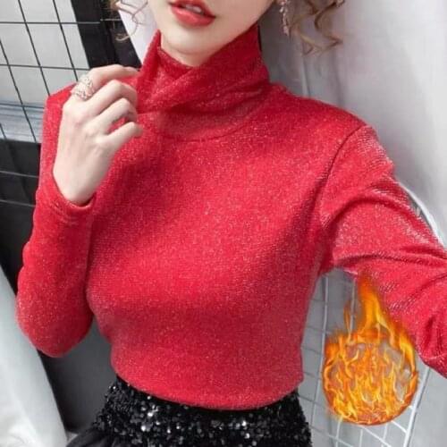 Turtleneck Bright Women 2020 Winter Stretch Plus Size Clothing Long Sleeve T Shirts Streetwear Slim Warm Ladies Tops