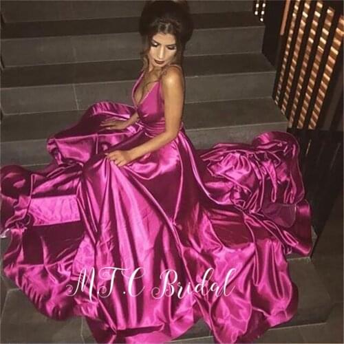 Sexy Backless V Neck Purple Evening Dresses High Quality Satin A Line Sweep Train Long Prom Gowns 2019 Cheap Wedding Party Dress