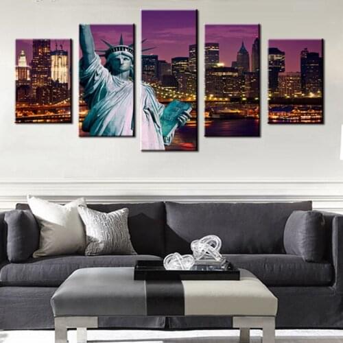 Modern Home Wall Art Decor Unframed Modular Pictures 5 Pieces Statue Liberty New York City Nightscape HD Printed Painting