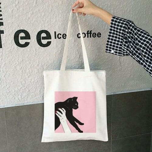 Funny Black Cat Print Women Canvas Shoulder Bag Graphic Shopping Bags 90s Fashion Ulzzang Harajuku Kawaii Handbags Tote