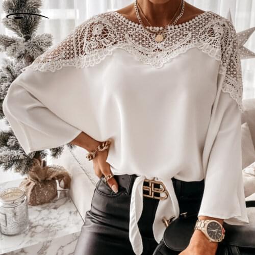 2021 Women Autumn Sexy Lace Stitching White Shirts Vintage Plus Size Ladies Tops New Crochet Embroidery Lace Blouse Blusas 12459
